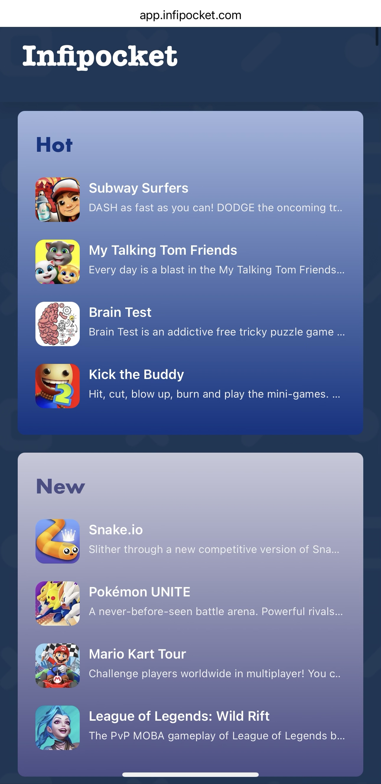 Infipocket Games Platform - New Games